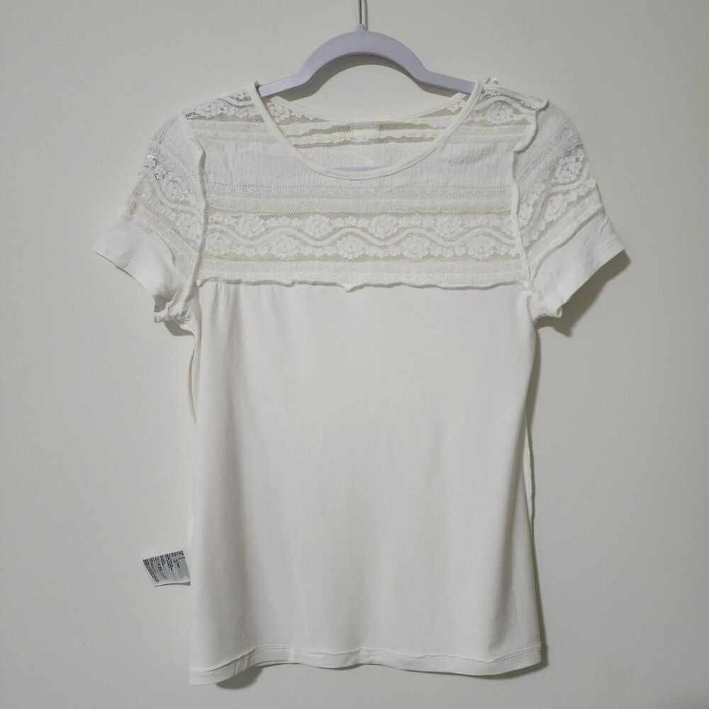 H&M Womens Yoke Lace Ruffle Top Ivory Jersey Short Sleeve Crew Neck Size S - Picture 5 of 11